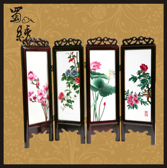 蜀繡四折小屏風