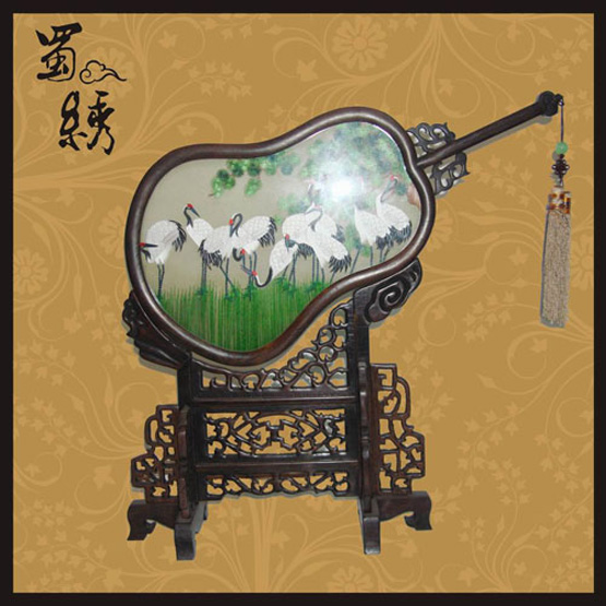 蜀繡倒扇松鶴延年