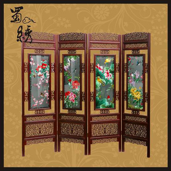 蜀繡四折大屏花鳥